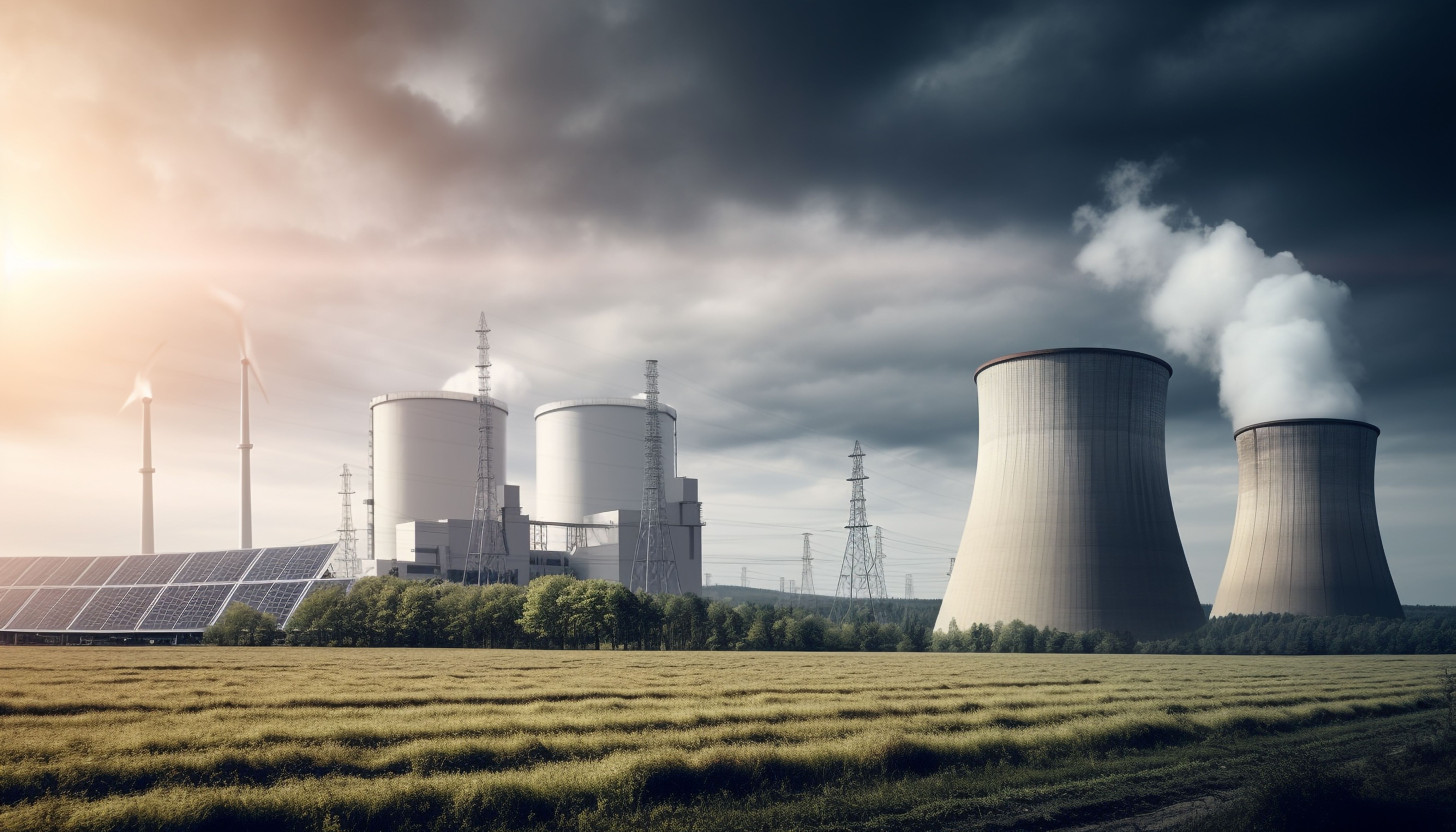 Power plant with solar panels and wind turbines under a stormy sky
