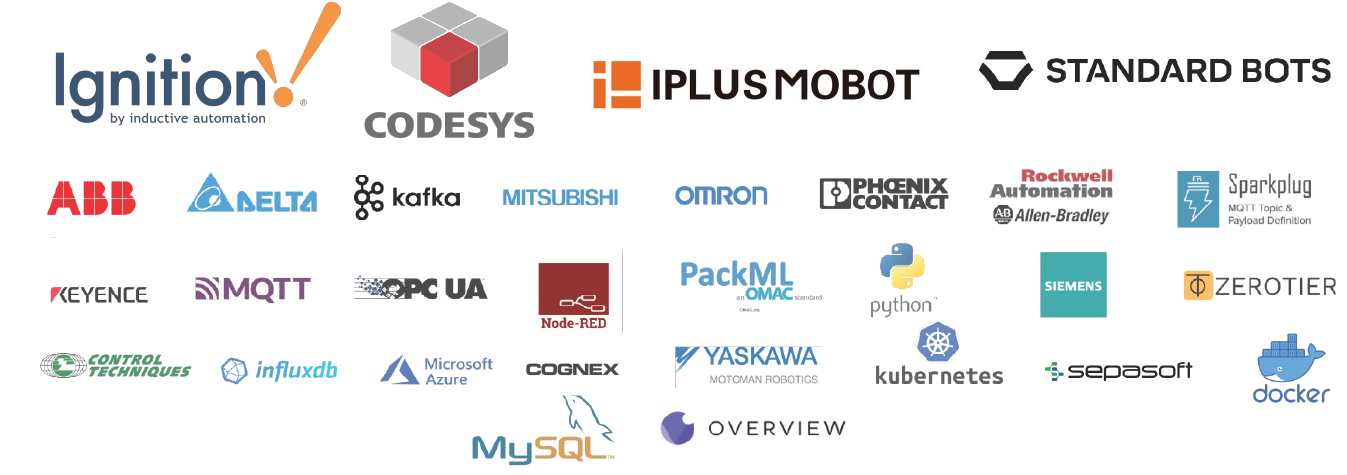 Technologies we work with: Ignition, CODESYS, IPLUS MOBOT, Standard Bots, ABB, Delta, Kafka, Mitsubishi, Omron, Phoenix Contact, Rockwell Automation, Sparkplug, Keyence, MQTT, OPC UA, Node-RED, PackML, Python, Siemens, ZeroTier, Control Techniques, InfluxDB, Microsoft Azure, Cognex, Yaskawa, Kubernetes, Sepasoft, Docker, MySQL, and Overview